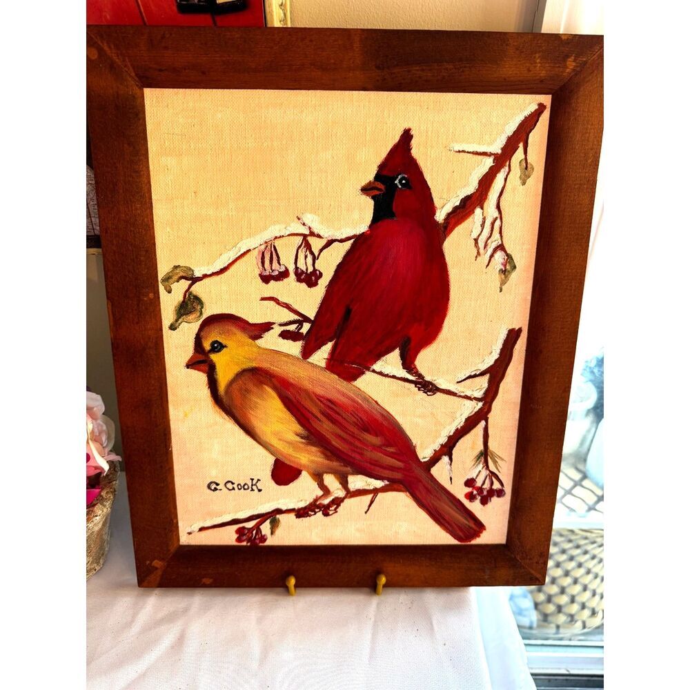 Vintage original oil painting on board; Birds on Snow Catherine Cook Cardinals